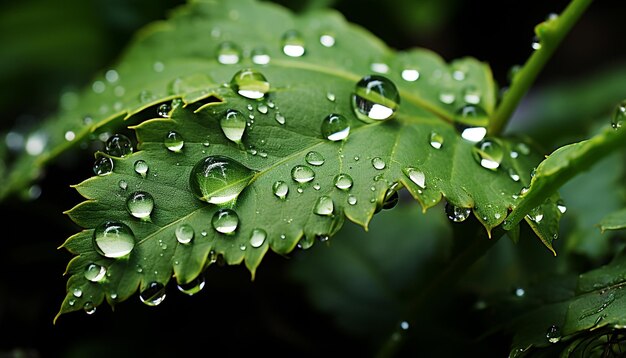 Foglia verde fresca con goccia di rugiada che simboleggia la crescita e la bellezza della natura generata dall'intelligenza artificiale