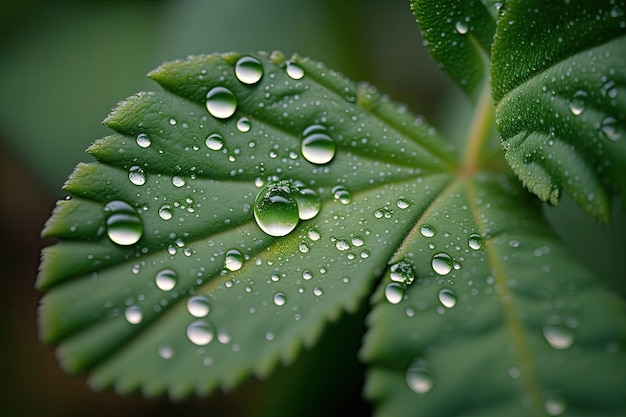 Foglia verde fresca ricoperta di gocce di rugiada IA generativa