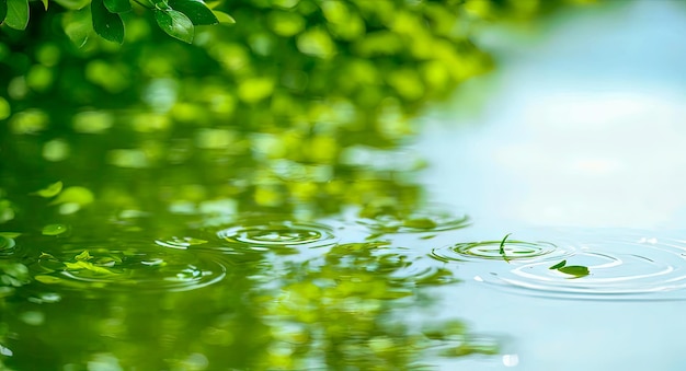 Foglia verde sull'acqua riflessione fresca foglia verde con goccia d'acqua relax concetto di natura foglie verdi che riflettono nell'acqua shallow focus AI generativa