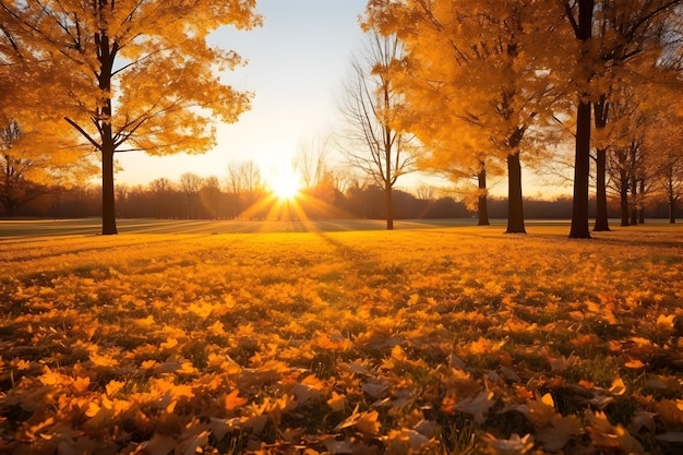 Fogliame nel parco autunnale durante il tramonto