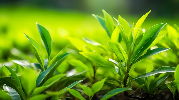 Fogliame verde vibrante in primo piano con sfondo morbido sfocato Natura e concetto botanico per il design