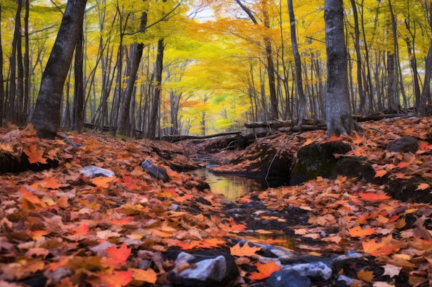 Fogliame vivace durante l'autunno in una riserva forestale sconosciuta