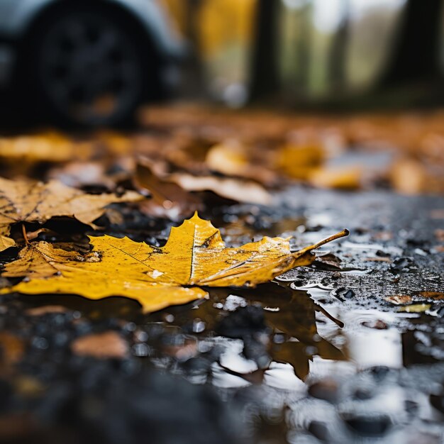 foglie autunnali a terra davanti a un'auto