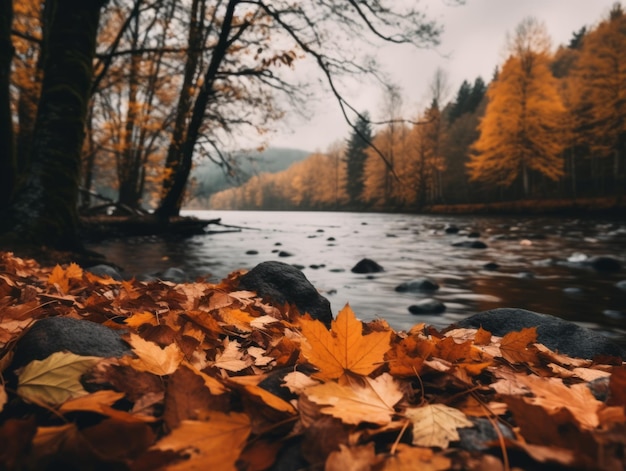 Foglie autunnali che cadono sullo sfondo di una foresta