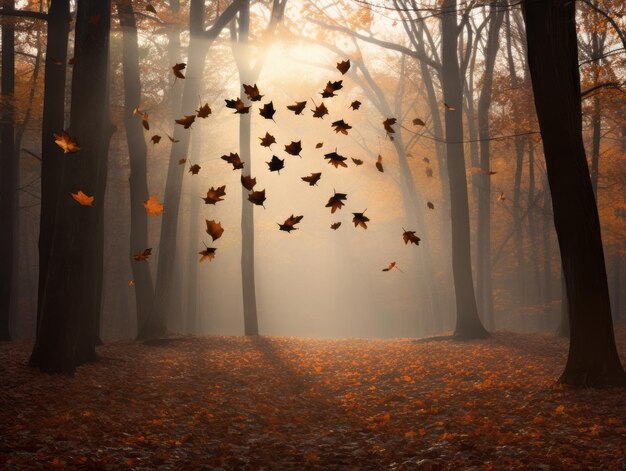 Foglie autunnali che cadono sullo sfondo di una foresta