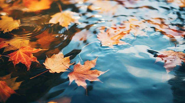 Foglie autunnali colorate che galleggiano nello stagno d'autunno