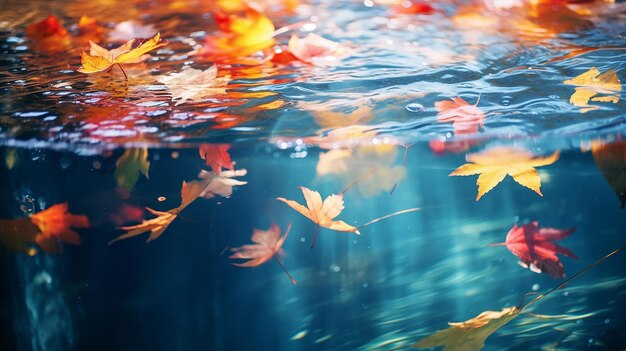 Foglie autunnali colorate che galleggiano nello stagno d'autunno