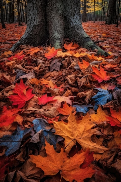 Foglie autunnali colorate su un suolo della foresta creato con l'IA generativa