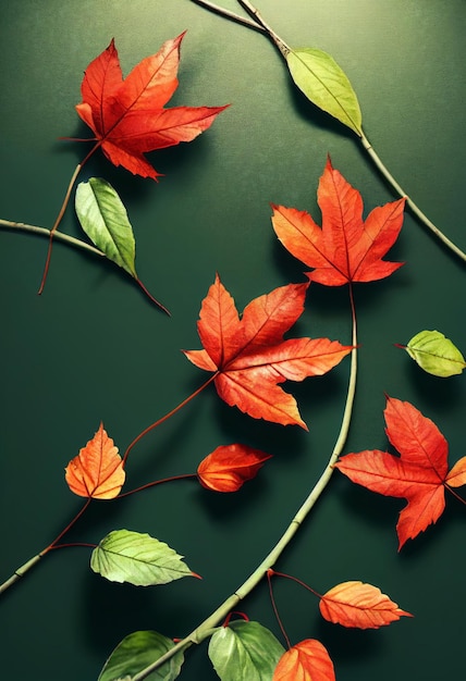 Foglie autunnali rosse su sfondo verde caduta Ai generato art