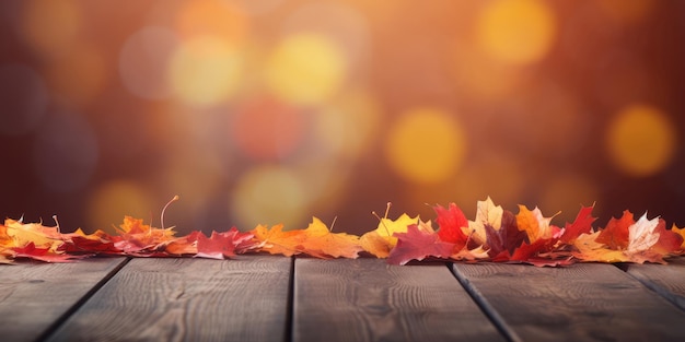 Foglie autunnali su tavolo di legno su sfondo bokeh Concetto di caduta autunnale