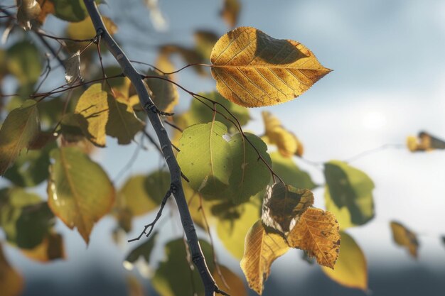 Foglie autunnali su un ramo di un albero contro uno sfondo blu del cielo