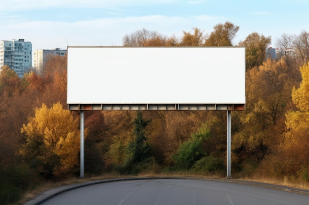 Foglie cadenti e un paesaggio urbano sereno catturano le vibrazioni autunnali in un cartellone vuoto