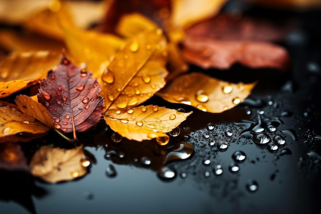 Foglie d'acero d'autunno con gocce d'acqua su sfondo scuro Focalizzazione selettiva Sfondio d' autunno