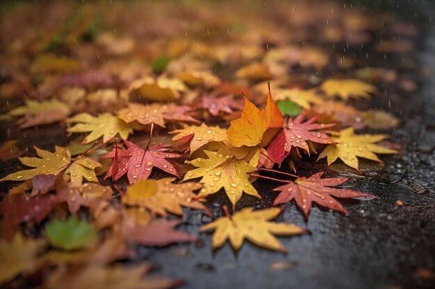 Foglie d'acero d'autunno con gocce di pioggia sull'asfalto bagnato a bassa profondità del campo