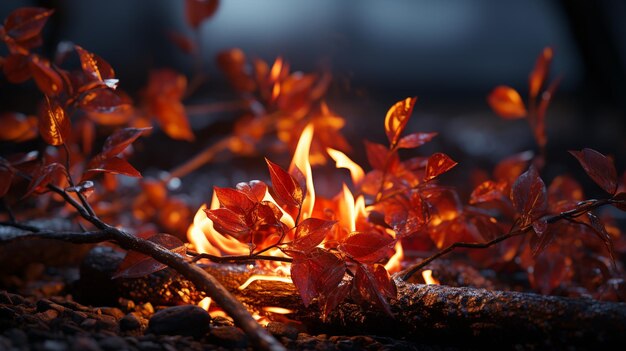 Foglie d'arancio che bruciano nel parco autunnale da vicino ai generativo