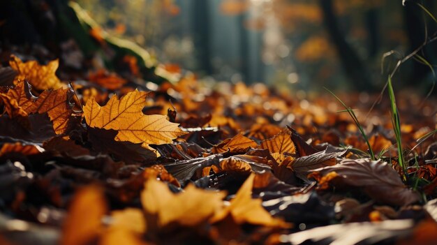 Foglie d'autunno cadute nella foresta o nel parco in primo piano