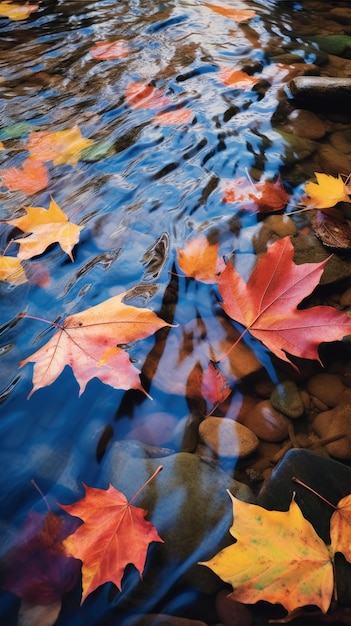 Foglie d'autunno che galleggiano in un ruscello d'acqua