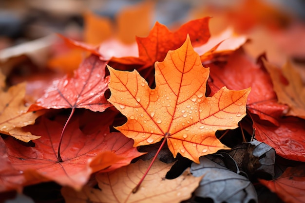 Foglie d'autunno con gocce di rugiada