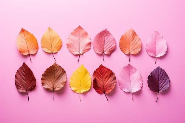 Foglie d'autunno di vari colori su uno sfondo rosa con spazio libero nelle vicinanze