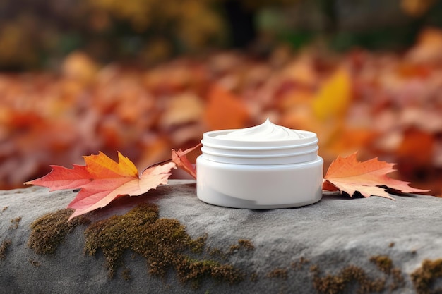 Foglie d'autunno e pietra con crema cosmetica Barattolo di plastica Copia spazio Mock up