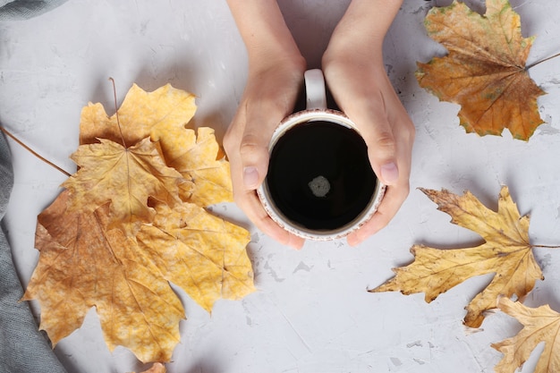 Foglie d'autunno e una tazza di caffè in mani femminili su uno sfondo grigio, vista dall'alto, piatta