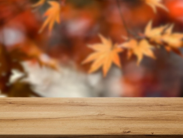 foglie d'autunno immagine di sfondo sfocata con piano d'appoggio in legno