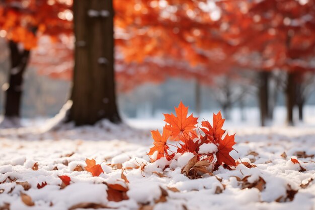 Foglie d'autunno sotto la neve su un albero nella foresta