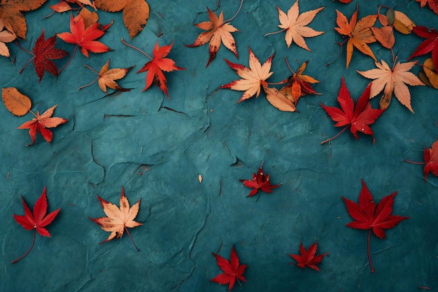 Foglie d'autunno su sfondo di carta blu Vista superiore con spazio di copia