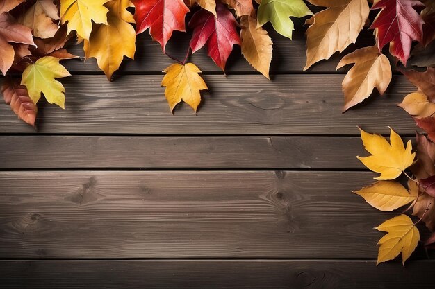 Foglie d'autunno su sfondo di legno con spazio per la copia