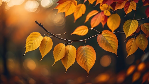 Foglie d'autunno su un ramo con la parola autunno in basso a destra