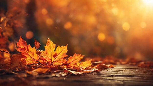 Foglie d'autunno su un tavolo di legno nella foresta sfondo autunnale