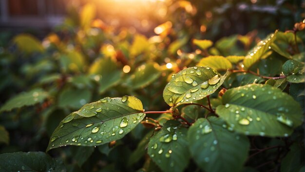 Foglie del giardino dopo la pioggia al tramonto