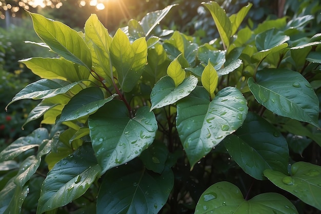 Foglie del giardino dopo la pioggia al tramonto