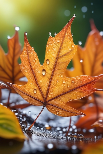 foglie della stagione autunnale con pioggia scena delle piante autunnali