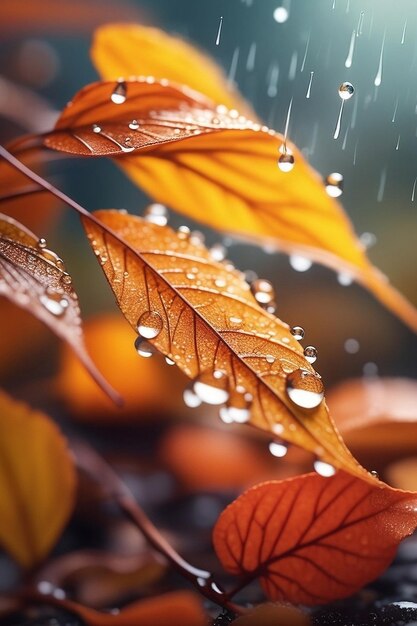 foglie della stagione autunnale con pioggia scena delle piante autunnali