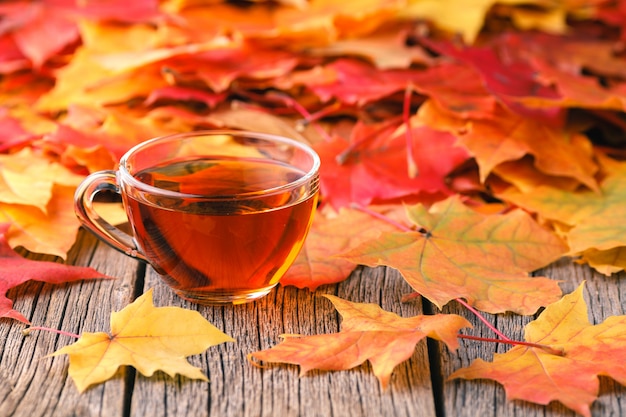 Foglie di acero autunno sul tavolo rustico