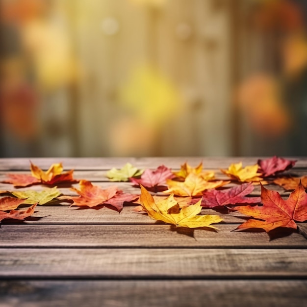 foglie di acero cadute in autunno su un tavolo di legno orizzontalmente con effetto di filtraggio del film