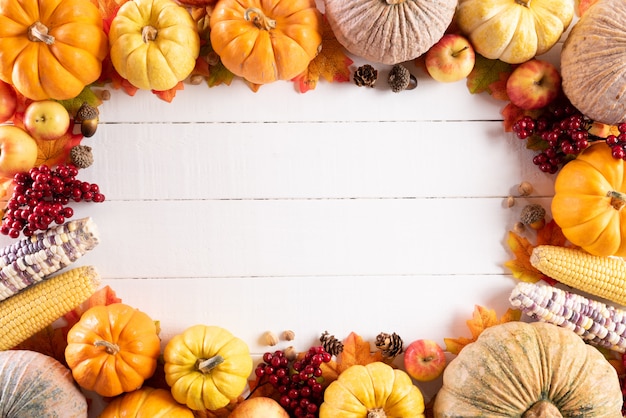 Foglie di acero di autunno con la zucca e le bacche rosse, concetto di giorno di ringraziamento.