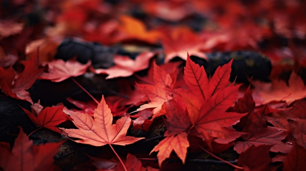 Foglie di acero rosse d'autunno adagiate sul terreno della foresta IA generativa
