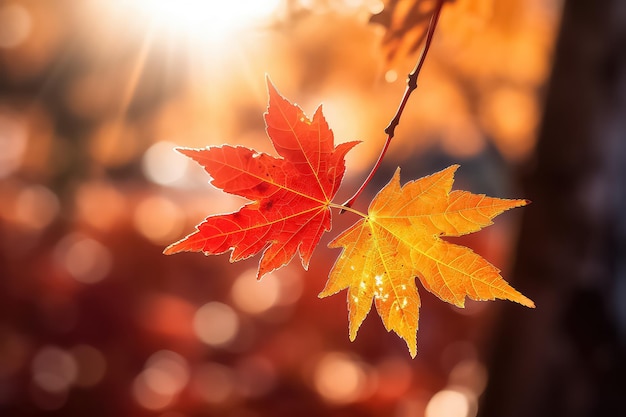 Foglie di acero rosso in autunno con sole e cielo AI