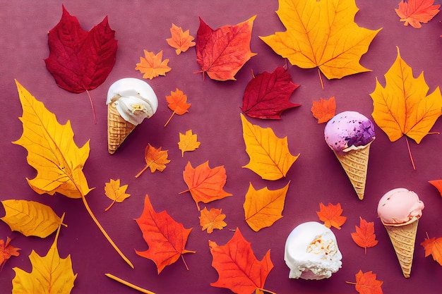 Foglie di albero di autunno arancione brillante e gelato