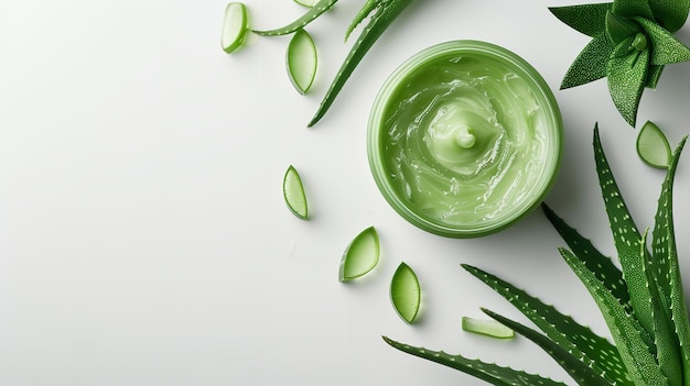 Foglie di aloe vera e un barattolo di vetro cosmetico composto da crema di aloe Vera su AI generativa bianca