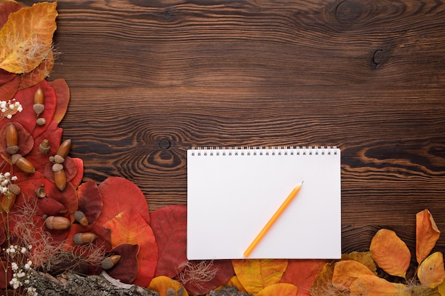 Foglie di autunno, biscotti e taccuino di carta su legno