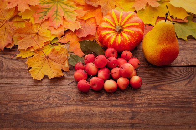 Foglie di autunno con frutti su un tavolo di legno