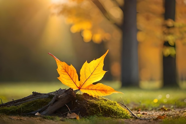 Foglie di autunno gialle su un'erba verde alla luce del sole