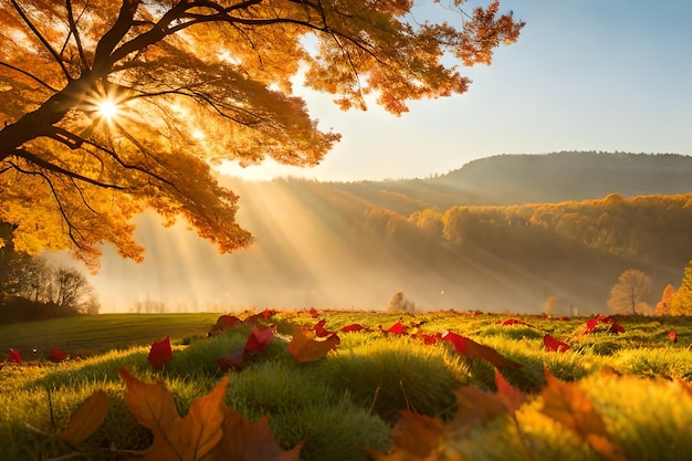 Foglie di autunno in un campo con un albero in primo piano