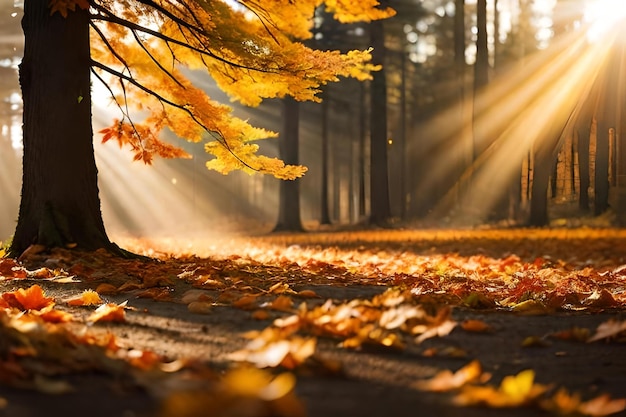 Foglie di autunno nella foresta con un sole che splende attraverso gli alberi