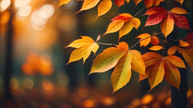 Foglie di autunno su un ramo con il sole che splende su di loro