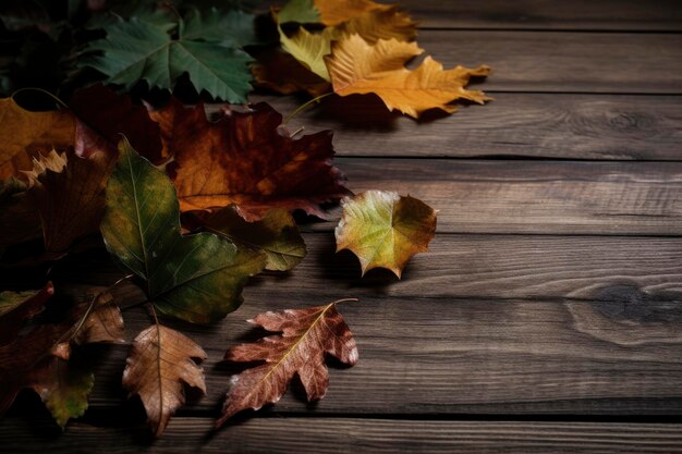 Foglie di autunno su uno sfondo di legno in legno Ia generativa