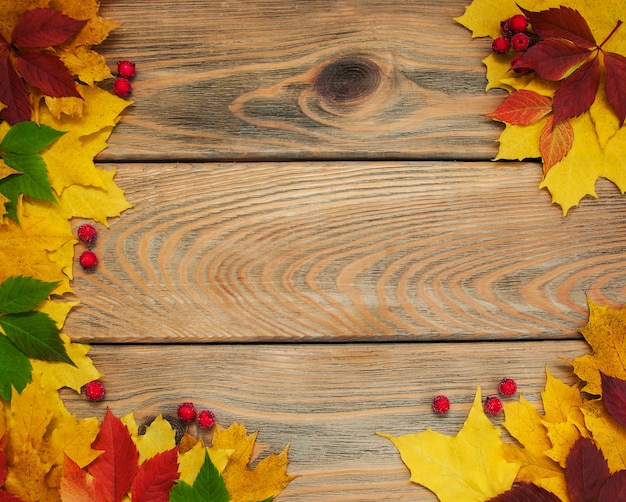 Foglie di autunno sul tavolo di legno